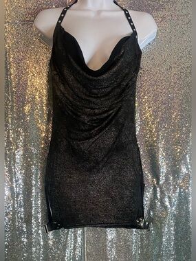 Leg Avenue Gunmetal Liquid Shimmer Halter Dress | Rockstar Glam | Studded Buckle